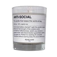 scented candle with the writing "anti-social" and funny description on